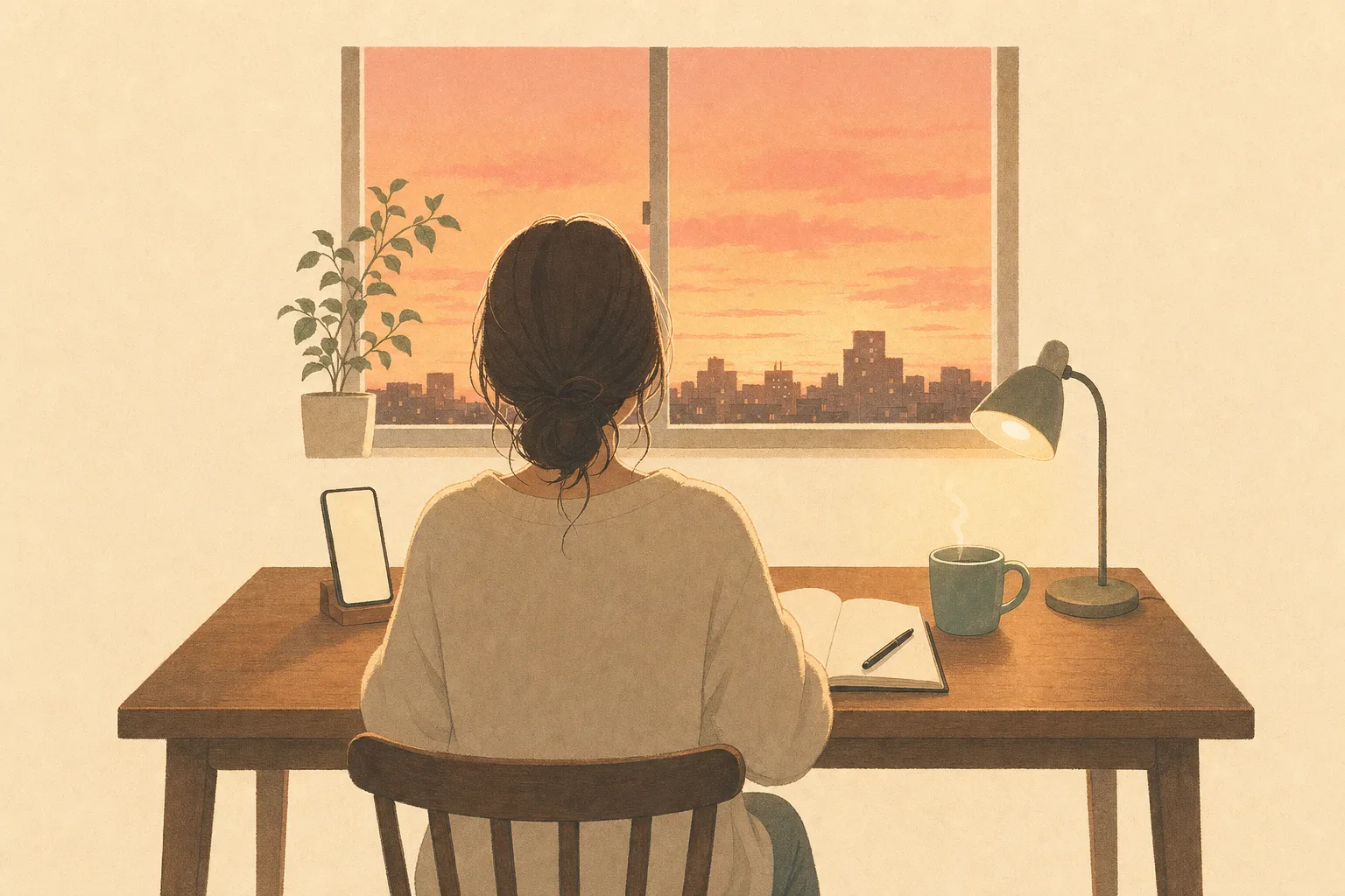 夕方の部屋で、窓辺のデスクに向かって在宅ワークを始めようとしている女性の後ろ姿のイラスト