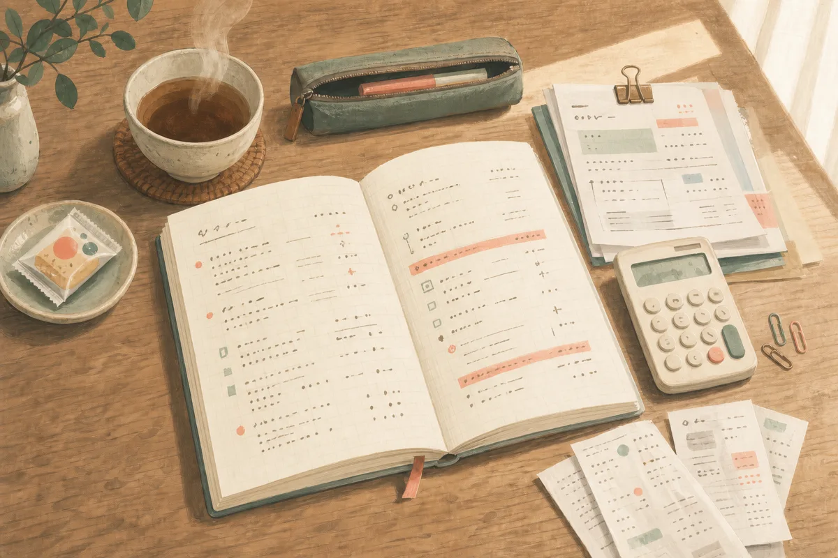 お茶を淹れながら、家計ノートと電卓で収入と経費を整理している机の上のイラスト